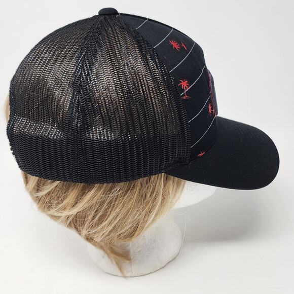 Travis Mathew Hat Men OS Palm Tree Logo Stripe Mesh Back Black Red Golf Snapback - Picture 5 of 9